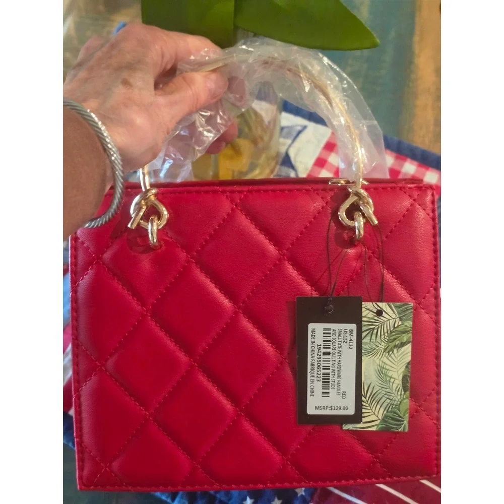 Badgley Mischka Red Quilted Small Tote Handbag Gold Hardware Studded BM-4132 - Picture 4 of 8